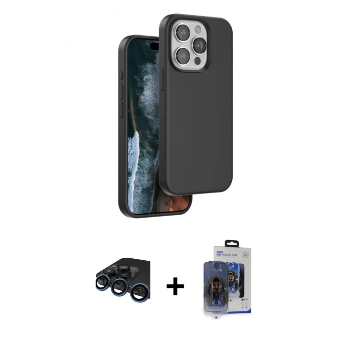 MARSİLYAN™- iPhone 15 Pro Max Kılıf Kıvılcım Çizgi Serisi - Siyah Vanessa Magic Cam + Raze Metal Kamera Lens - LT