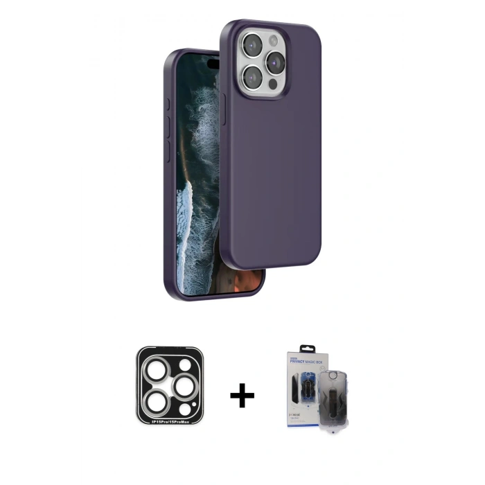 MARSİLYAN™- iPhone 15 Pro Max Kılıf Kıvılcım Çizgi Serisi - Siyah Vanessa Magic Hayalet Cam + PVD Metal Kamera Lens - GS