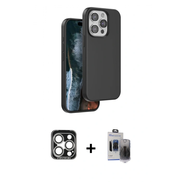 MARSİLYAN™- iPhone 15 Pro Max Kılıf Kıvılcım Çizgi Serisi - Siyah Vanessa Magic Hayalet Cam + PVD Metal Kamera Lens - GS