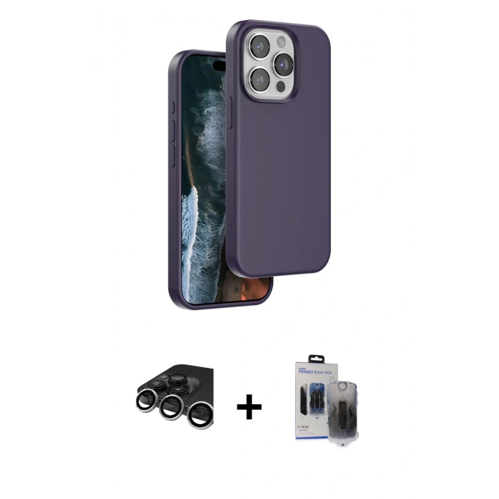 MARSİLYAN™- iPhone 15 Pro Max Kılıf Kıvılcım Çizgi Serisi - Siyah Vanessa Magic Hayalet Cam + Raze Metal Kamera Lens - GS
