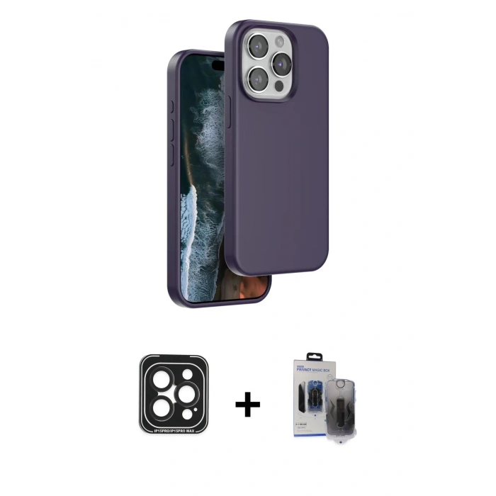 MARSİLYAN™- iPhone 15 Pro Max Kılıf Kıvılcım Çizgi Serisi - Siyah Vanessa Magic Hayalet Cam + Siyah PVD Metal Kamera Lens