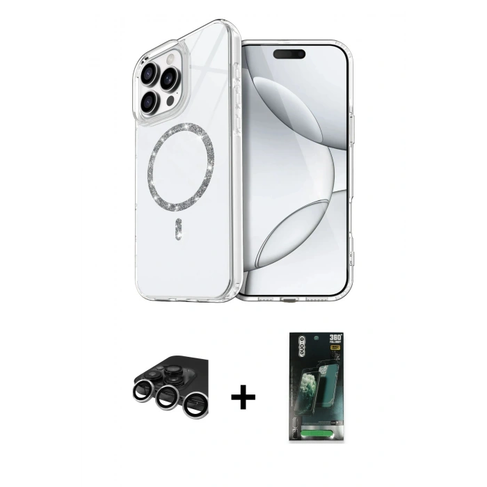 MARSİLYAN™- iPhone 15 Pro Max Kılıf Kıvılcım Form Prime - Şeffaf 360 Full Body Arka Koruyucu + Gümüş Raze Metal Kamera Lens