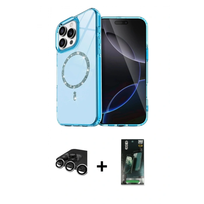 MARSİLYAN™- iPhone 15 Pro Max Kılıf Kıvılcım Form Prime - Şeffaf 360 Full Body Arka Koruyucu + Gümüş Raze Metal Kamera Lens