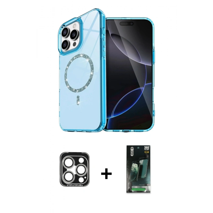 MARSİLYAN™- iPhone 15 Pro Max Kılıf Kıvılcım Form Prime - Şeffaf 360 Full Body Arka Koruyucu + PVD Metal Kamera Lens - GS