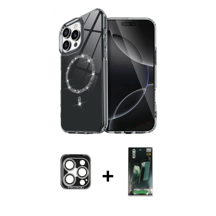 MARSİLYAN™- iPhone 15 Pro Max Kılıf Kıvılcım Form Prime - Şeffaf 360 Full Body Arka Koruyucu + PVD Metal Kamera Lens - GS