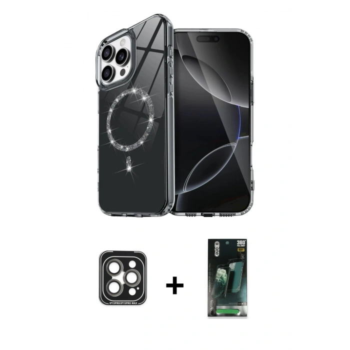 MARSİLYAN™- iPhone 15 Pro Max Kılıf Kıvılcım Form Prime - Şeffaf 360 Full Body Arka Koruyucu + PVD Metal Kamera Lens - GI