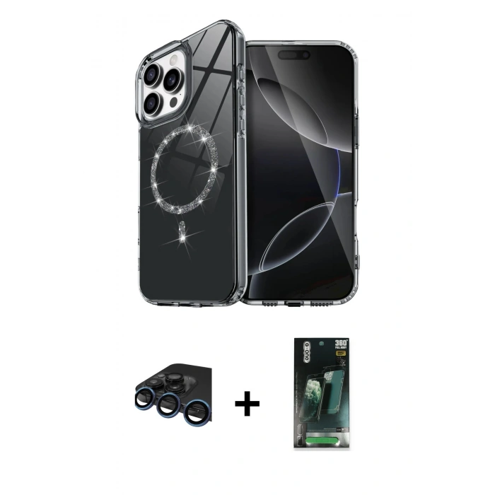 MARSİLYAN™- iPhone 15 Pro Max Kılıf Kıvılcım Form Prime - Şeffaf 360 Full Body Arka Koruyucu + Raze Metal Kamera Lens - LT
