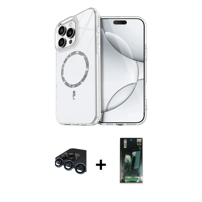 MARSİLYAN™- iPhone 15 Pro Max Kılıf Kıvılcım Form Prime - Şeffaf 360 Full Body Arka Koruyucu + Raze Metal Kamera Lens - LT