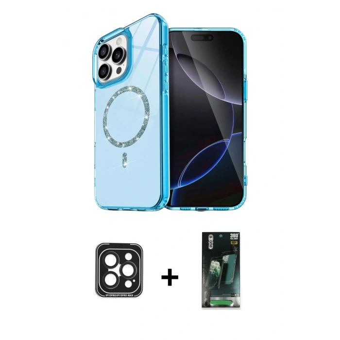 MARSİLYAN™- iPhone 15 Pro Max Kılıf Kıvılcım Form Prime - Şeffaf 360 Full Body Arka Koruyucu + Siyah PVD Metal Kamera Lens