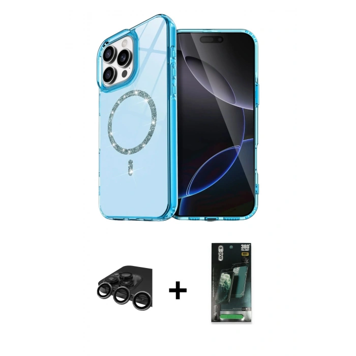 MARSİLYAN™- iPhone 15 Pro Max Kılıf Kıvılcım Form Prime - Şeffaf 360 Full Body Arka Koruyucu + Raze Metal Kamera Lens - TMGI