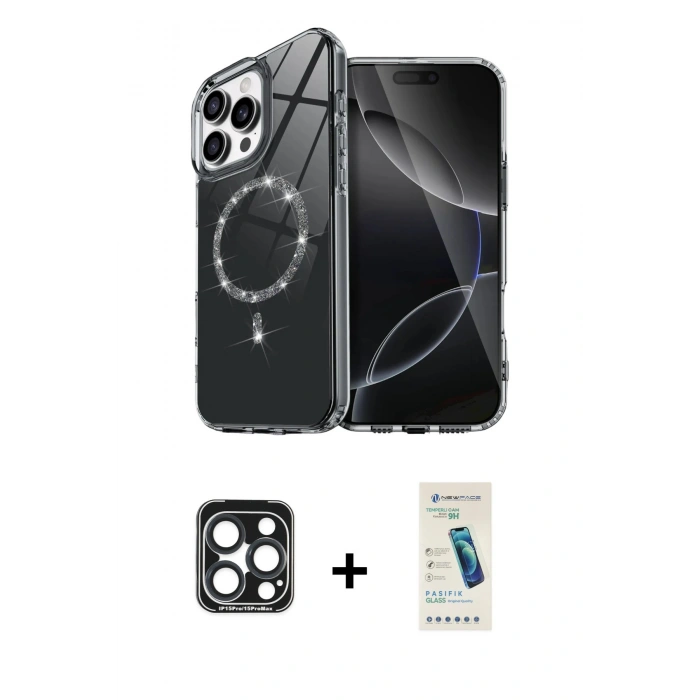 MARSİLYAN™- iPhone 15 Pro Max Kılıf Kıvılcım Form Prime - Şeffaf Pasifik Cam Ekran Koruyucu + Lacivert PVD Metal Kamera Lens