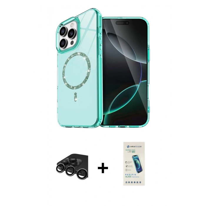 MARSİLYAN™- iPhone 15 Pro Max Kılıf Kıvılcım Form Prime - Şeffaf Pasifik Cam Ekran Koruyucu + Titanyum Gri Raze Metal Kamera Lens