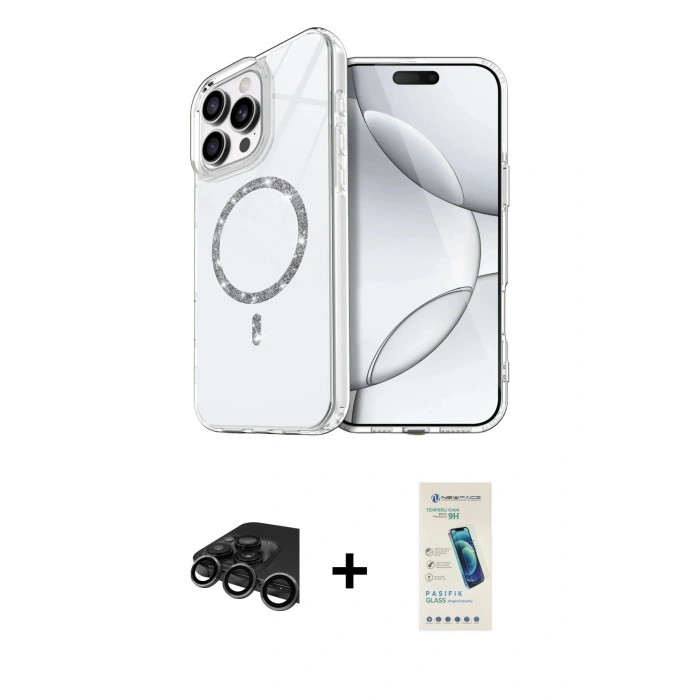 MARSİLYAN™- iPhone 15 Pro Max Kılıf Kıvılcım Form Prime - Şeffaf Pasifik Cam Ekran Koruyucu + Titanyum Gri Raze Metal Kamera Lens