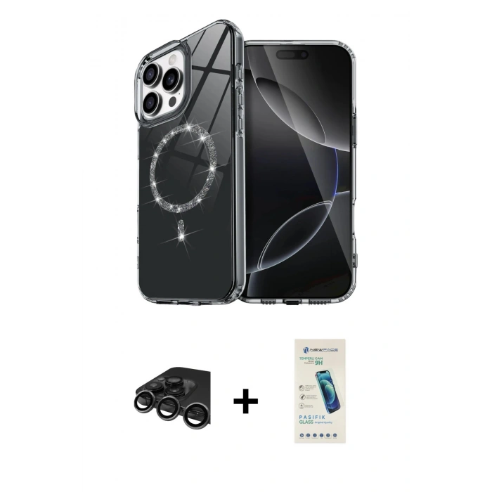 MARSİLYAN™- iPhone 15 Pro Max Kılıf Kıvılcım Form Prime - Şeffaf Pasifik Cam Ekran Koruyucu + Titanyum Gri Raze Metal Kamera Lens