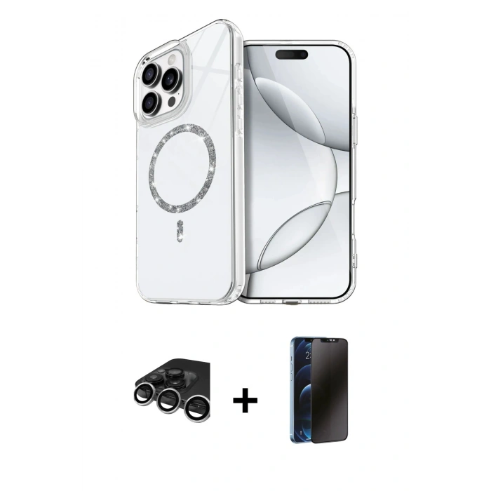 MARSİLYAN™- iPhone 15 Pro Max Kılıf Kıvılcım Form Prime - Siyah 3D Antistatik Hayalet Cam Ekran Koruyucu + Raze Metal Kamera Lens - GS