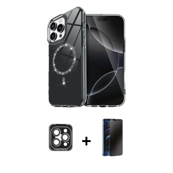MARSİLYAN™- iPhone 15 Pro Max Kılıf Kıvılcım Form Prime - Siyah 3D Antistatik Hayalet Cam Ekran Koruyucu + PVD Metal Kamera Lens - GI