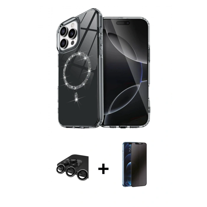 MARSİLYAN™- iPhone 15 Pro Max Kılıf Kıvılcım Form Prime - Siyah 3D Antistatik Hayalet Cam Ekran Koruyucu + Raze Metal Kamera Lens - TMGI