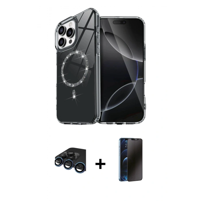 MARSİLYAN™- iPhone 15 Pro Max Kılıf Kıvılcım Form Prime - Siyah 3D Antistatik Hayalet Cam Ekran Koruyucu + Lacivert Raze Metal Kamera Lens