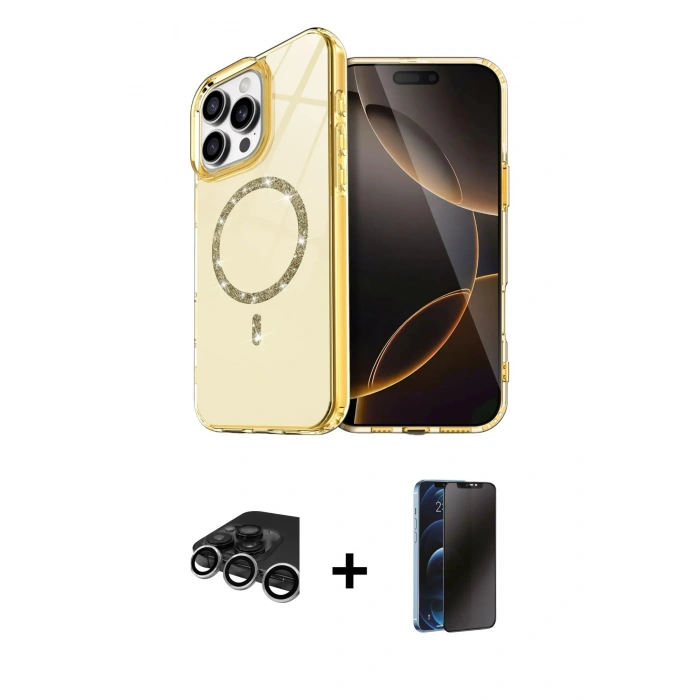 MARSİLYAN™- iPhone 15 Pro Max Kılıf Kıvılcım Form Prime - Siyah 3D Antistatik Hayalet Cam Ekran Koruyucu + Raze Metal Kamera Lens - GS