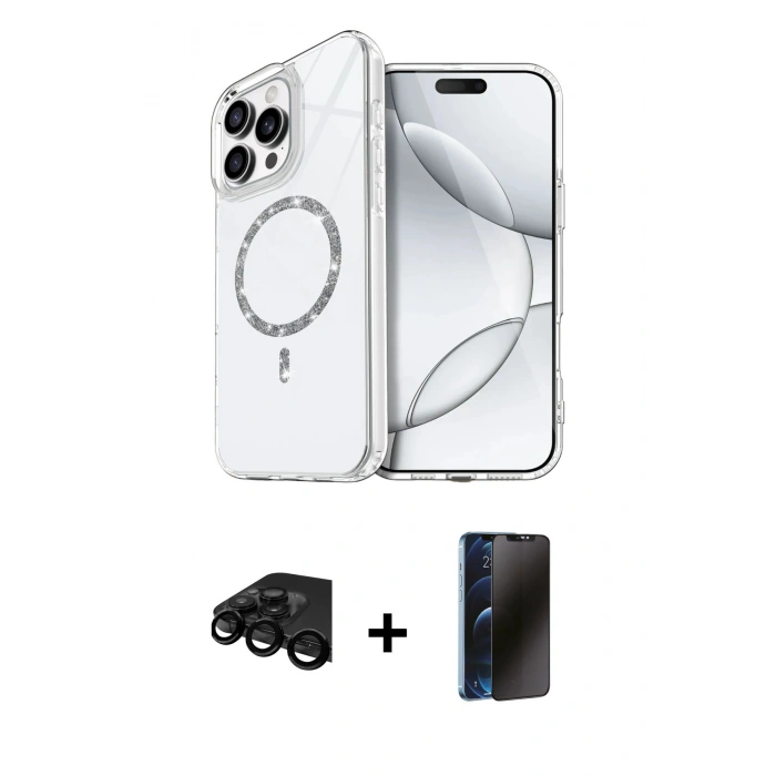 MARSİLYAN™- iPhone 15 Pro Max Kılıf Kıvılcım Form Prime - Siyah 3D Antistatik Hayalet Cam Ekran Koruyucu + Raze Metal Kamera Lens - SH