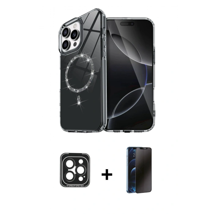 MARSİLYAN™- iPhone 15 Pro Max Kılıf Kıvılcım Form Prime - Siyah 3D Antistatik Hayalet Cam Ekran Koruyucu + Siyah PVD Metal Kamera Lens