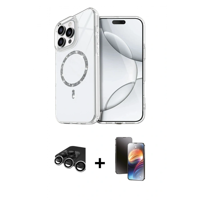 MARSİLYAN™- iPhone 15 Pro Max Kılıf Kıvılcım Form Prime - Siyah 3D Antistatik Mat Seramik Nano Ekran Koruyucu + Gümüş Raze Metal Kamera Lens