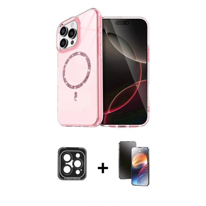 MARSİLYAN™- iPhone 15 Pro Max Kılıf Kıvılcım Form Prime - Siyah 3D Antistatik Mat Seramik Nano Ekran Koruyucu + PVD Metal Kamera Lens - SH