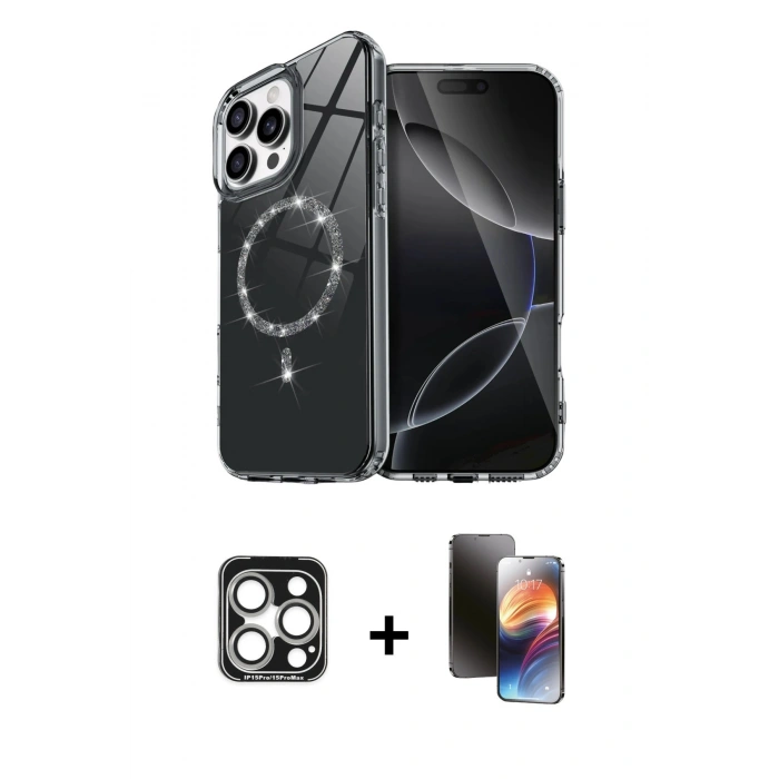 MARSİLYAN™- iPhone 15 Pro Max Kılıf Kıvılcım Form Prime - Siyah 3D Antistatik Mat Seramik Nano Ekran Koruyucu + PVD Metal Kamera Lens - GS
