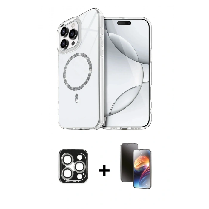 MARSİLYAN™- iPhone 15 Pro Max Kılıf Kıvılcım Form Prime - Siyah 3D Antistatik Mat Seramik Nano Ekran Koruyucu + PVD Metal Kamera Lens - GS