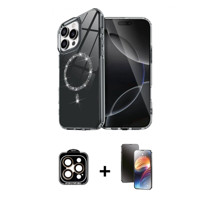 MARSİLYAN™- iPhone 15 Pro Max Kılıf Kıvılcım Form Prime - Siyah 3D Antistatik Mat Seramik Nano Ekran Koruyucu + PVD Metal Kamera Lens - TU