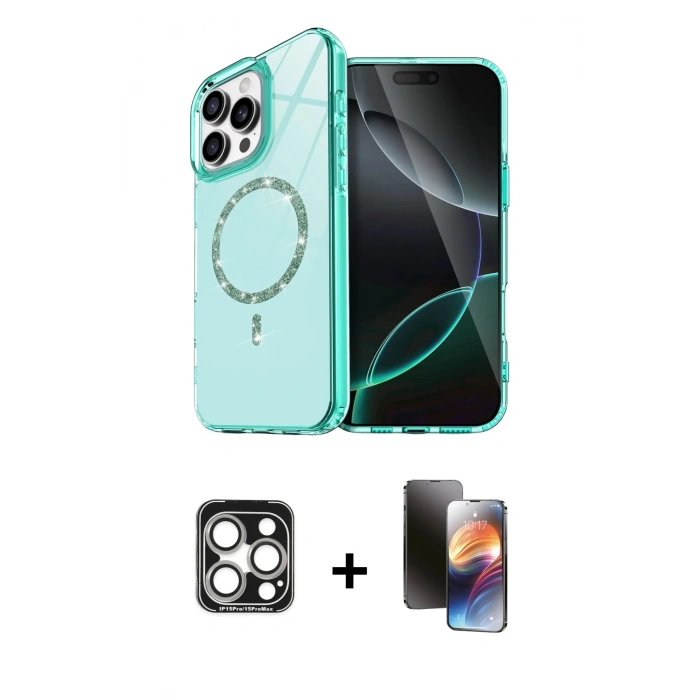 MARSİLYAN™- iPhone 15 Pro Max Kılıf Kıvılcım Form Prime - Siyah 3D Antistatik Mat Seramik Nano Ekran Koruyucu + PVD Metal Kamera Lens - GS