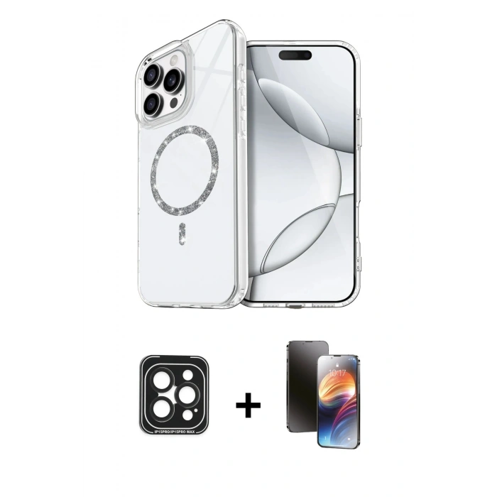 MARSİLYAN™- iPhone 15 Pro Max Kılıf Kıvılcım Form Prime - Siyah 3D Antistatik Mat Seramik Nano Ekran Koruyucu + PVD Metal Kamera Lens - SH