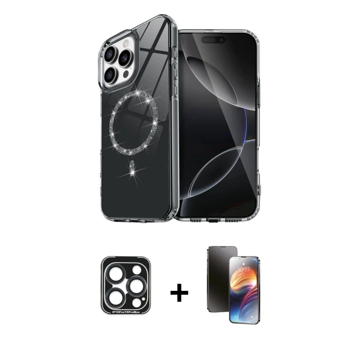 MARSİLYAN™- iPhone 15 Pro Max Kılıf Kıvılcım Form Prime - Siyah 3D Antistatik Mat Seramik Nano Ekran Koruyucu + PVD Metal Kamera Lens - LT