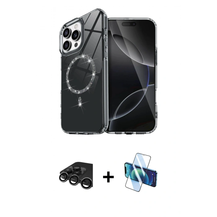 MARSİLYAN™- iPhone 15 Pro Max Kılıf Kıvılcım Form Prime - Siyah 3D Antistatik Seramik Nano Ekran Koruyucu + Raze Metal Kamera Lens - TMGI