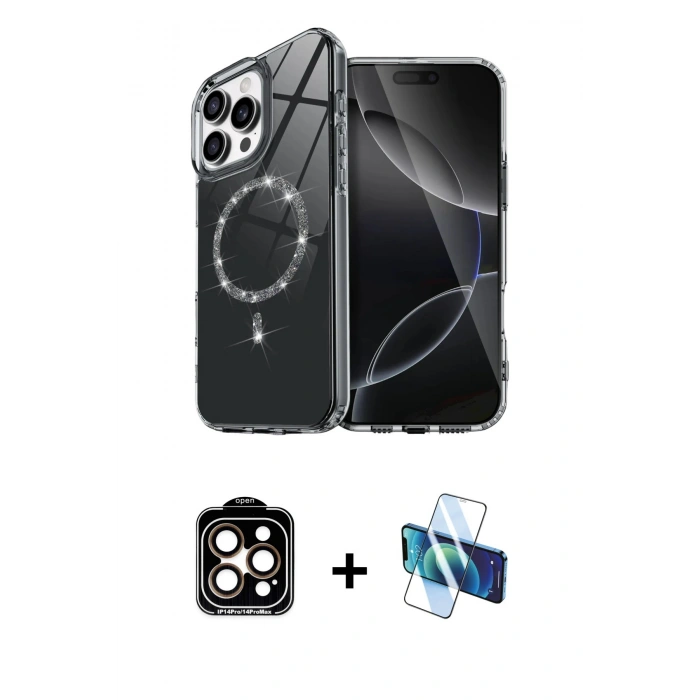 MARSİLYAN™- iPhone 15 Pro Max Kılıf Kıvılcım Form Prime - Siyah 3D Antistatik Seramik Nano Ekran Koruyucu + PVD Metal Kamera Lens - TU