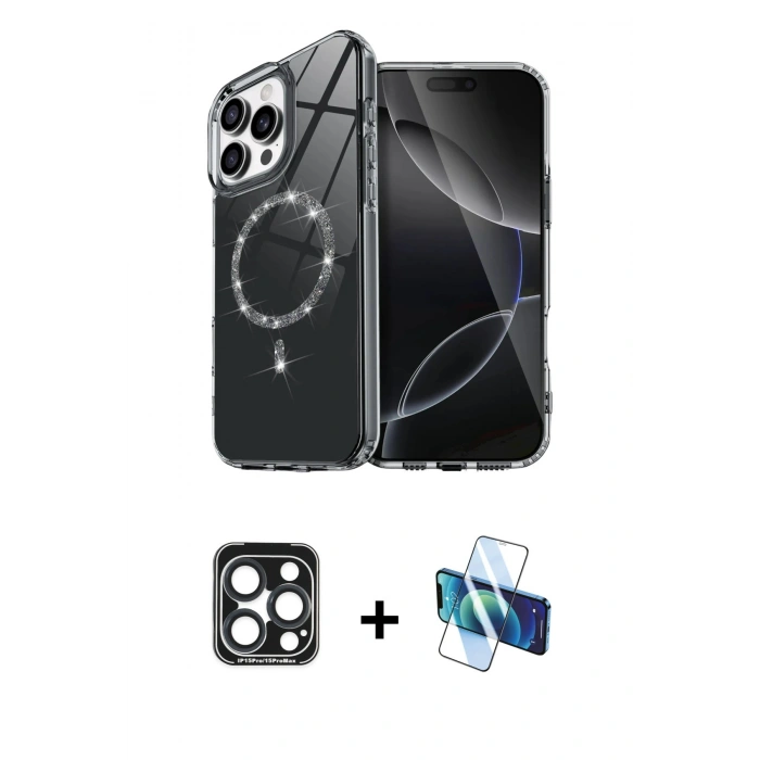 MARSİLYAN™- iPhone 15 Pro Max Kılıf Kıvılcım Form Prime - Siyah 3D Antistatik Seramik Nano Ekran Koruyucu + Lacivert PVD Metal Kamera Lens