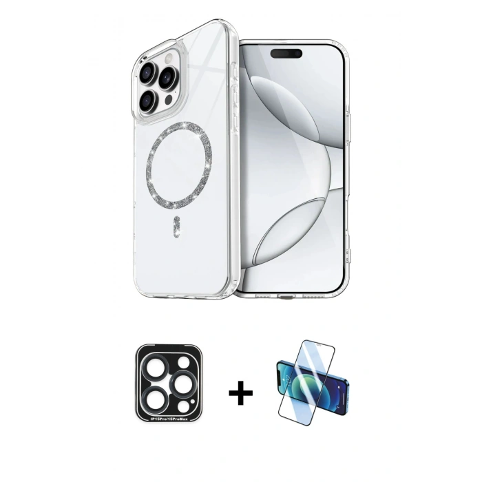 MARSİLYAN™- iPhone 15 Pro Max Kılıf Kıvılcım Form Prime - Siyah 3D Antistatik Seramik Nano Ekran Koruyucu + Lacivert PVD Metal Kamera Lens