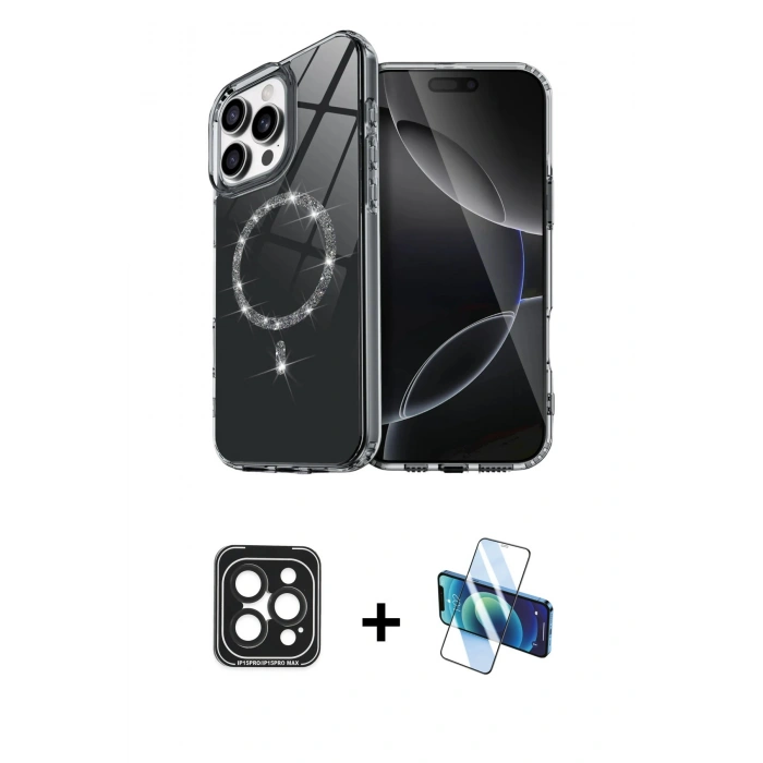 MARSİLYAN™- iPhone 15 Pro Max Kılıf Kıvılcım Form Prime - Siyah 3D Antistatik Seramik Nano Ekran Koruyucu + Siyah PVD Metal Kamera Lens