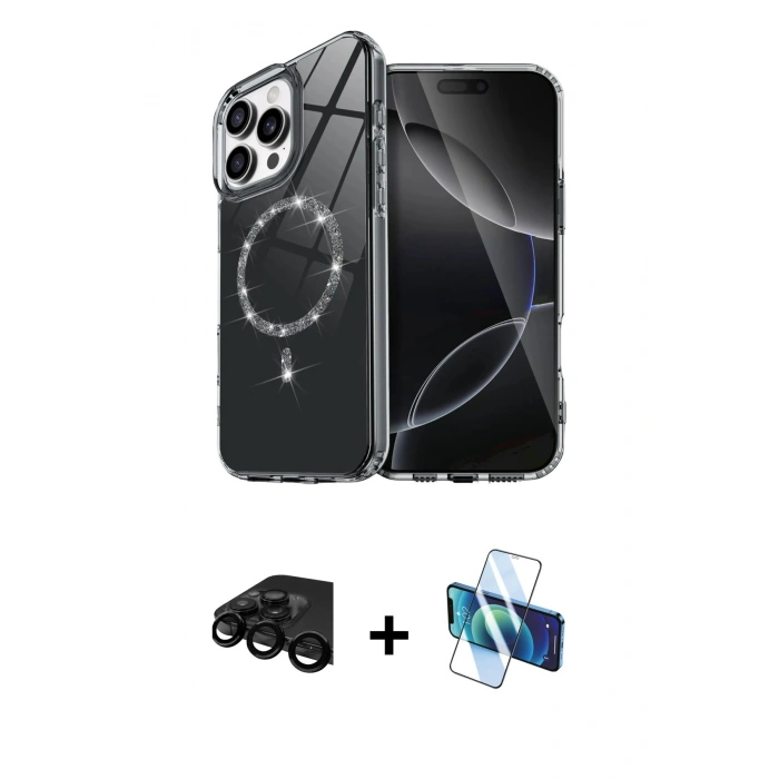 MARSİLYAN™- iPhone 15 Pro Max Kılıf Kıvılcım Form Prime - Siyah 3D Antistatik Seramik Nano Ekran Koruyucu + Raze Metal Kamera Lens - SH