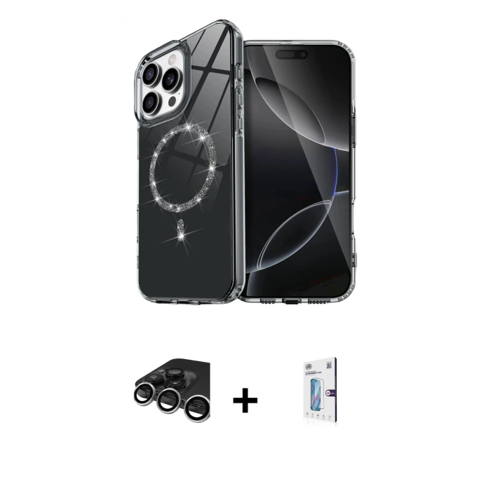 MARSİLYAN™- iPhone 15 Pro Max Kılıf Kıvılcım Form Prime - Siyah Bilvis 0.18mm Plus Cam Ekran Koruyucu + Gümüş Raze Metal Kamera Lens
