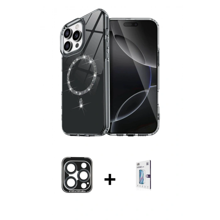 MARSİLYAN™- iPhone 15 Pro Max Kılıf Kıvılcım Form Prime - Siyah Bilvis 0.18mm Plus Cam Ekran Koruyucu + Lacivert PVD Metal Kamera Lens