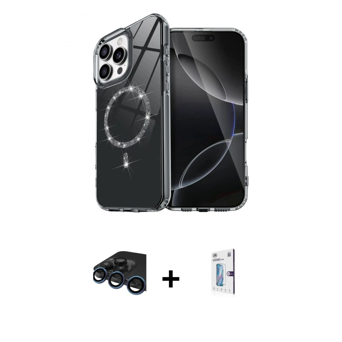 MARSİLYAN™- iPhone 15 Pro Max Kılıf Kıvılcım Form Prime - Siyah Bilvis 0.18mm Plus Cam Ekran Koruyucu + Raze Metal Kamera Lens - LT