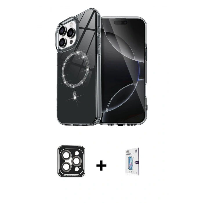 MARSİLYAN™- iPhone 15 Pro Max Kılıf Kıvılcım Form Prime - Siyah Bilvis 0.18mm Plus Cam Ekran Koruyucu + PVD Metal Kamera Lens - GI