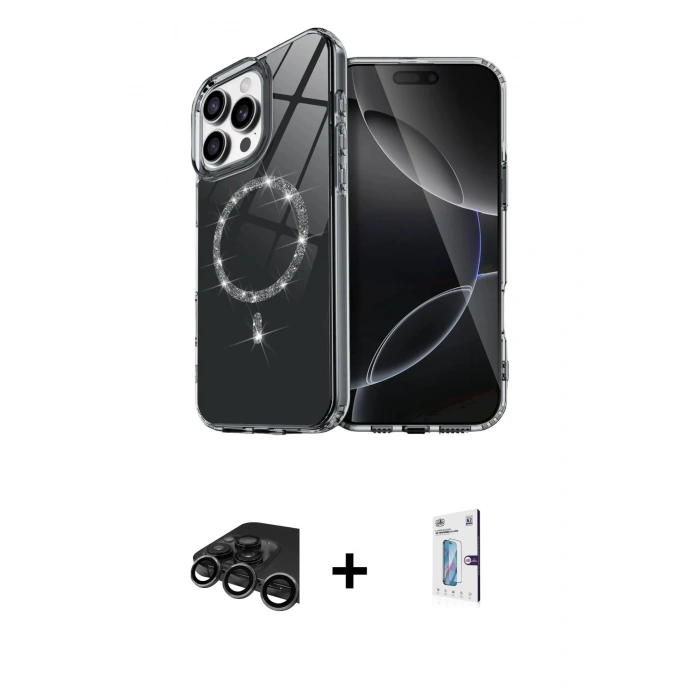 MARSİLYAN™- iPhone 15 Pro Max Kılıf Kıvılcım Form Prime - Siyah Bilvis 0.18mm Plus Cam Ekran Koruyucu + Raze Metal Kamera Lens - TMGI