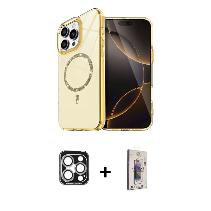 MARSİLYAN™- iPhone 15 Pro Max Kılıf Kıvılcım Form Prime - Siyah Bilvis 3D Cam Ekran Koruyucu + PVD Metal Kamera Lens - GS