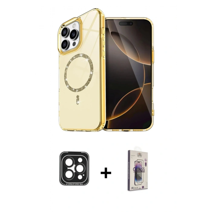 MARSİLYAN™- iPhone 15 Pro Max Kılıf Kıvılcım Form Prime - Siyah Bilvis 3D Cam Ekran Koruyucu + PVD Metal Kamera Lens - SH
