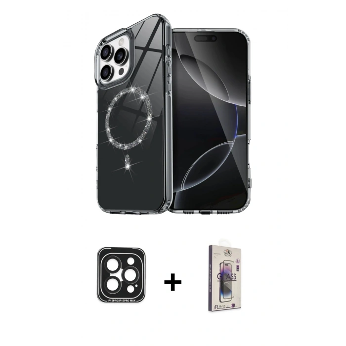 MARSİLYAN™- iPhone 15 Pro Max Kılıf Kıvılcım Form Prime - Siyah Bilvis 3D Cam Ekran Koruyucu + PVD Metal Kamera Lens - SH