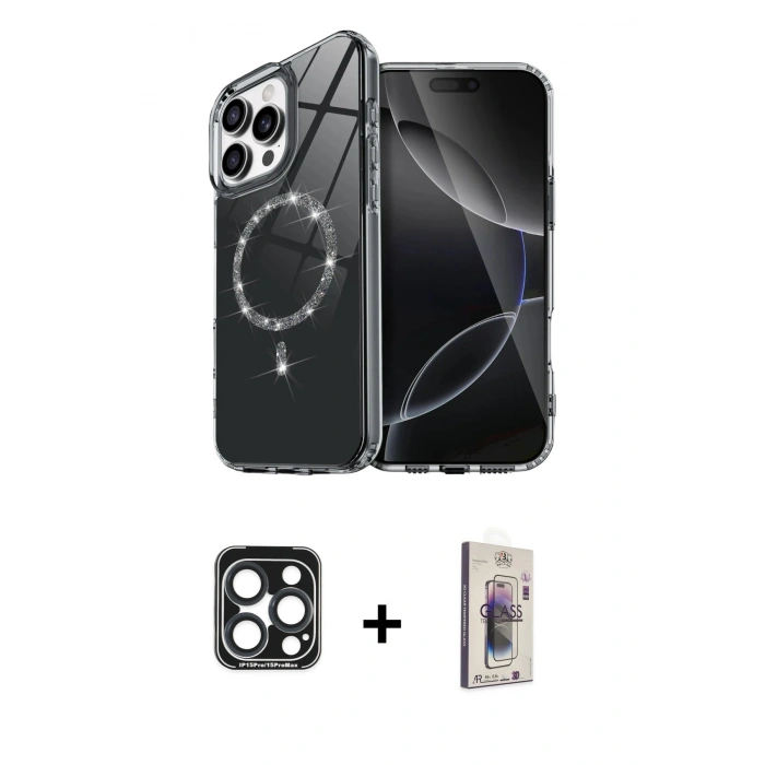 MARSİLYAN™- iPhone 15 Pro Max Kılıf Kıvılcım Form Prime - Siyah Bilvis 3D Cam Ekran Koruyucu + PVD Metal Kamera Lens - LT