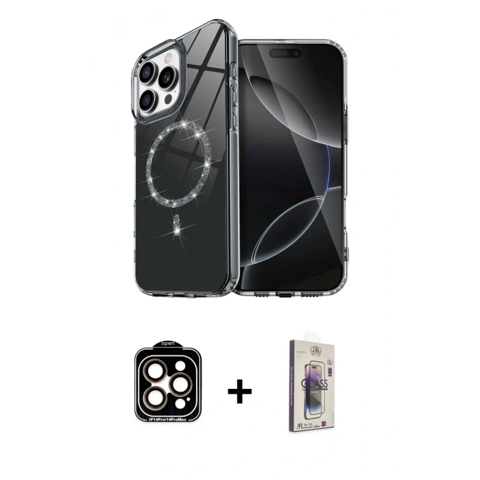 MARSİLYAN™- iPhone 15 Pro Max Kılıf Kıvılcım Form Prime - Siyah Bilvis 3D Cam Ekran Koruyucu + PVD Metal Kamera Lens - TU