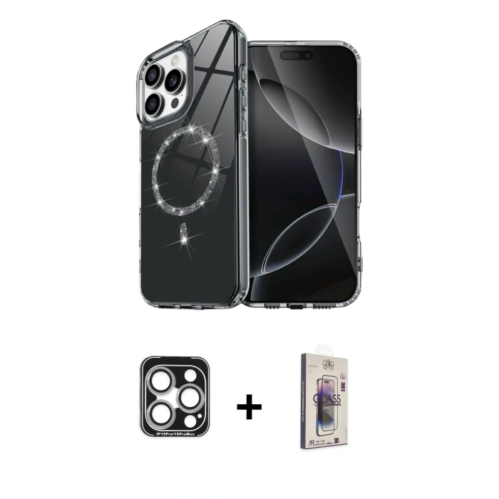 MARSİLYAN™- iPhone 15 Pro Max Kılıf Kıvılcım Form Prime - Siyah Bilvis 3D Cam Ekran Koruyucu + PVD Metal Kamera Lens - GS